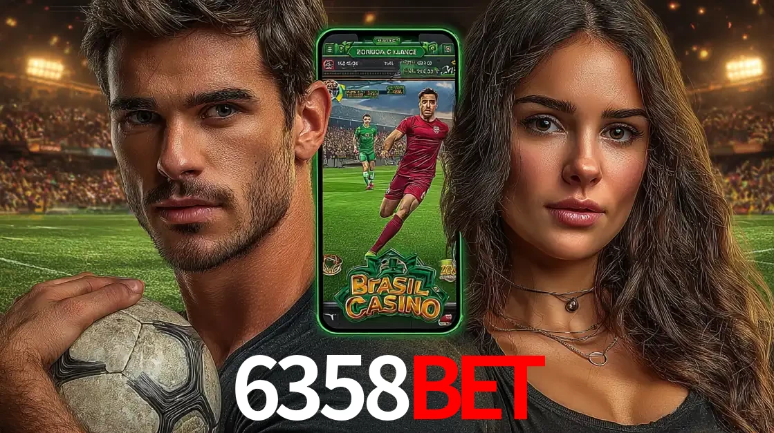 Homem segurando uma bola de futebol e uma mulher ao lado de um smartphone exibindo o jogo de apostas esportivas da 6358bet. Faça seu palpite no cassino online.